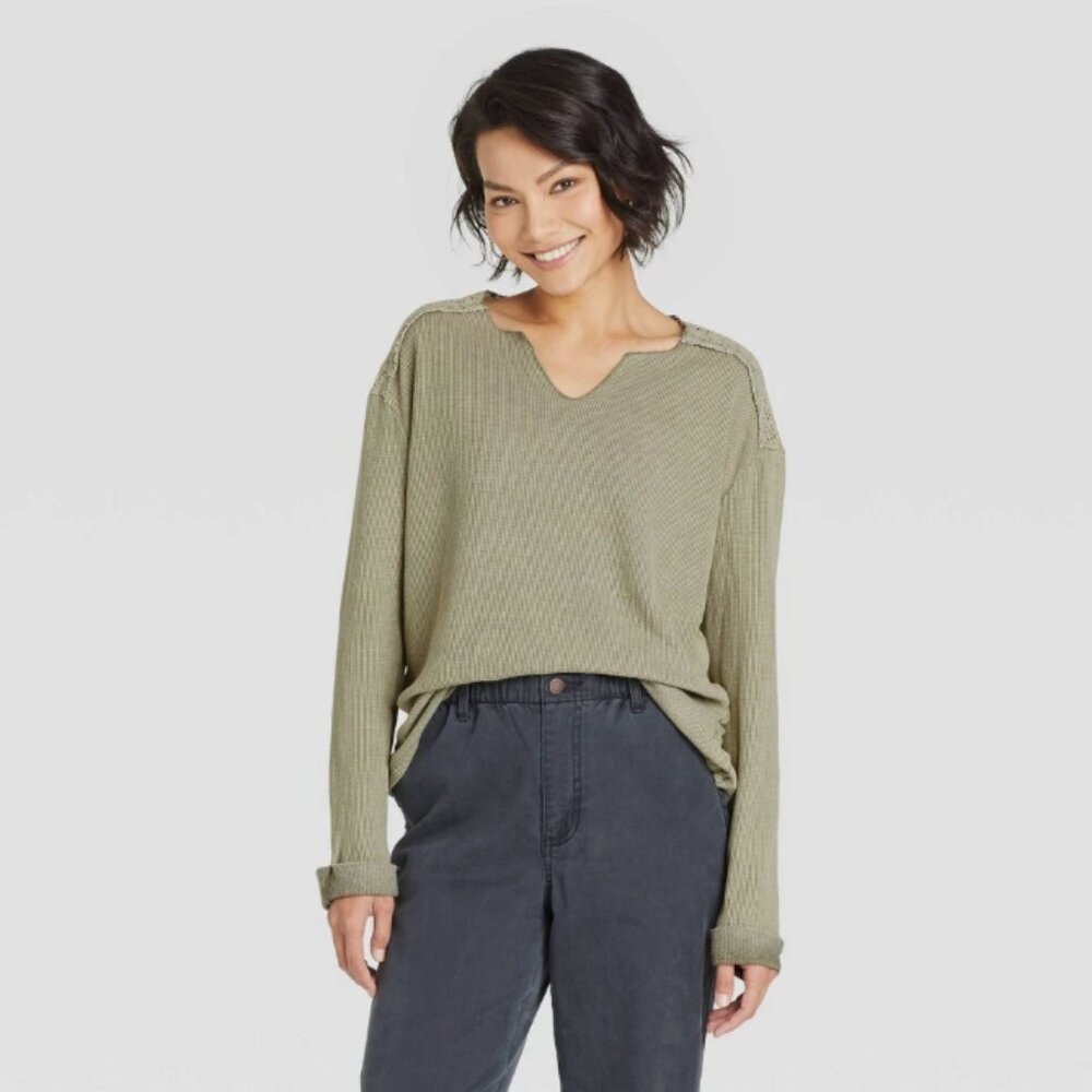 Knox Rose Green Waffle Knit Top With Lace Trim L